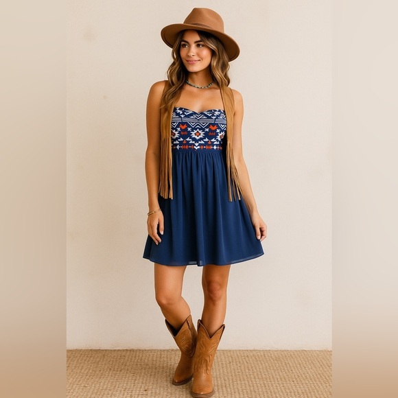 Sequin Hearts Strapless Boho Aztec Mini Dress | Festival Western Vibes Sz S - Picture 1 of 14